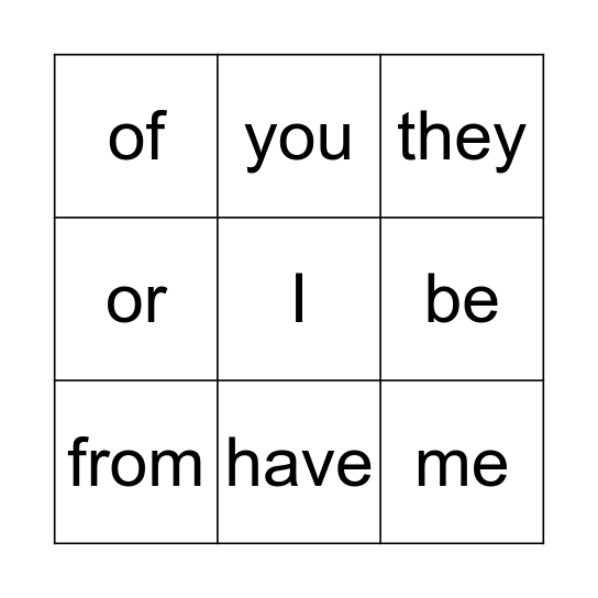 Sebastian's Words Bingo Card