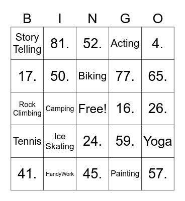 Leisure Bingo Card