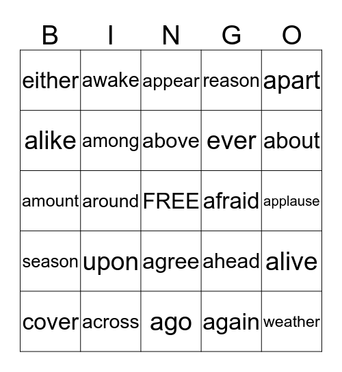 schwa Bingo Card