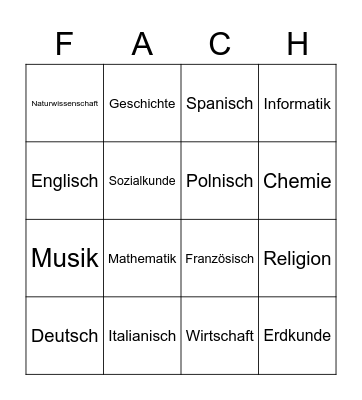 Die Fächer Bingo Card