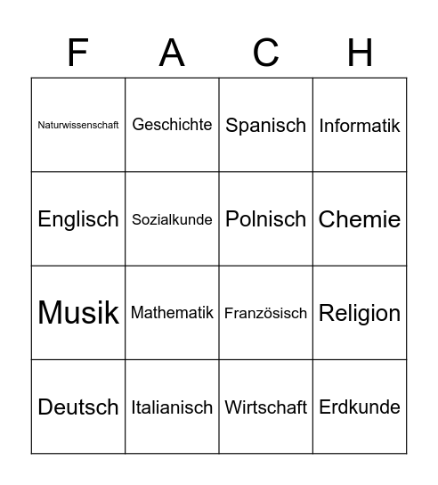 Die Fächer Bingo Card