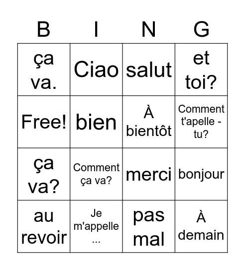 French Introductions Bingo Card