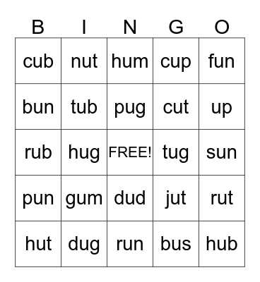 Short u Bingo Card
