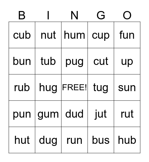 Short u Bingo Card