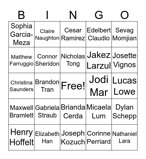 SHC XC Team Dinner Bingo Card