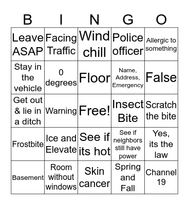 Emergecny Skills Bingo Card