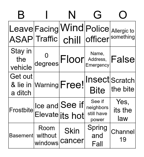 Emergecny Skills Bingo Card