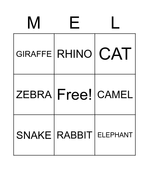 Animals Bingo Card