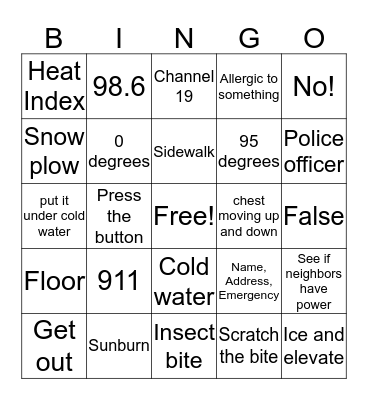 Emergecny Skills Bingo Card