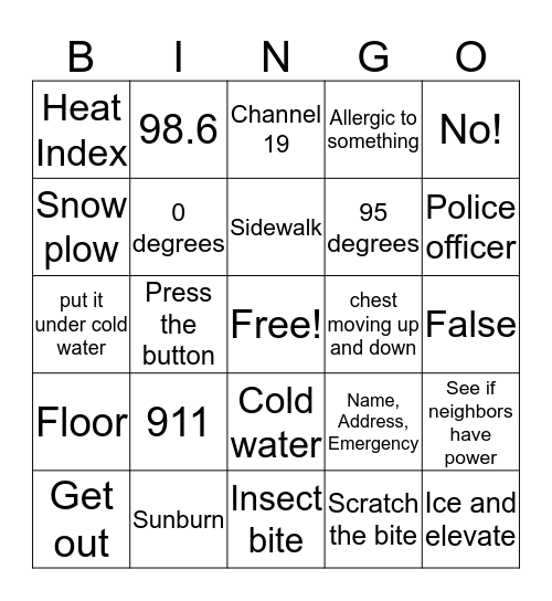 Emergecny Skills Bingo Card