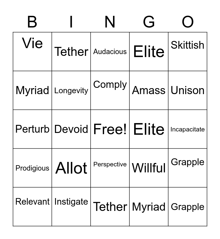 Unit 3 Vocab Bingo Card