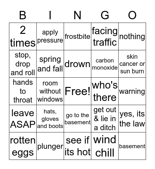 Emergecny Skills Bingo Card