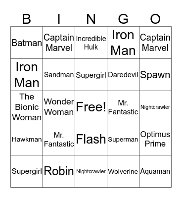 Super Hero Bingo  Bingo Card