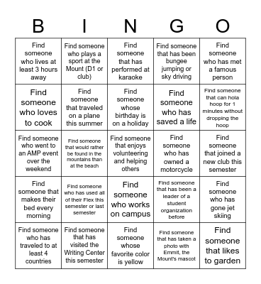Orientation Leader Get-to-Know-You BINGO Card