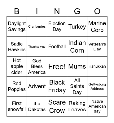 Fall JINGO Bingo Card