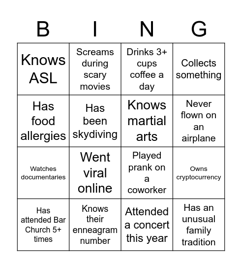 The Venues Bingo Card