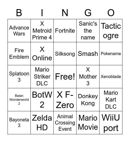 Nintendo Bingo Card