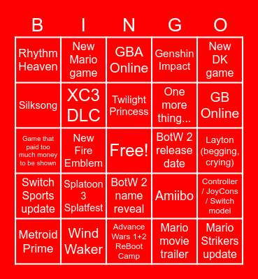 Nintendo Direct Bingo Card