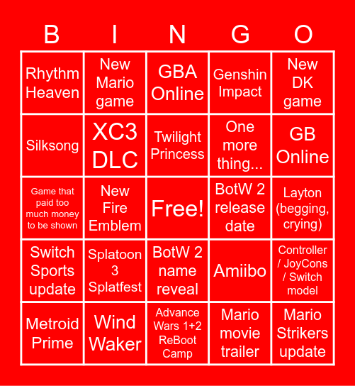 Nintendo Direct Bingo Card