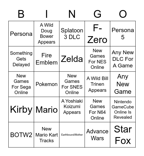 Nintendo Direct Bingo Card