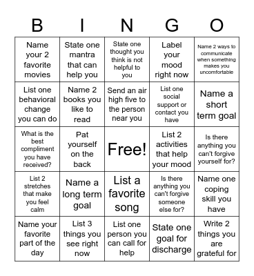 Mental Health Bingo Card