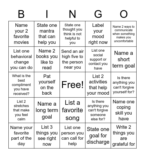 Mental Health Bingo Card