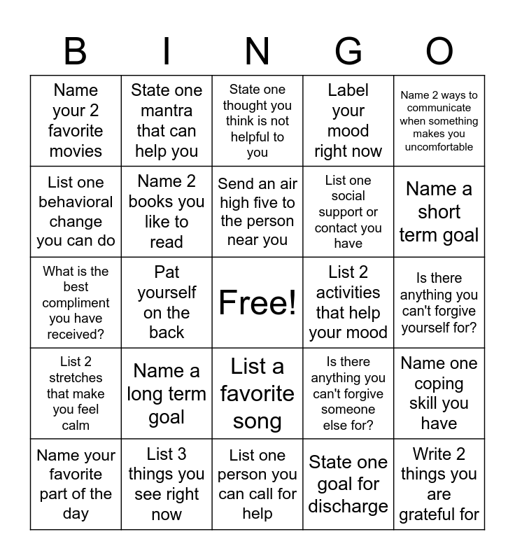 Mental Health Bingo Card