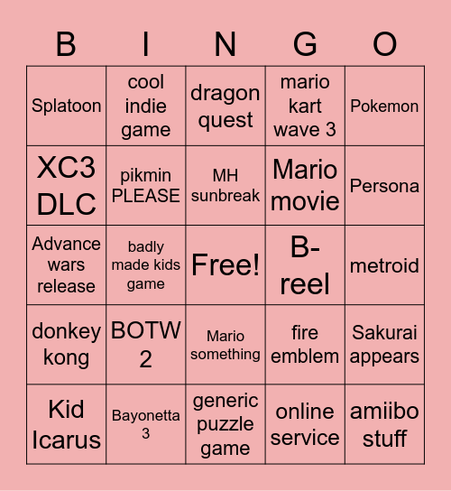 Nintendo direct 13th september Bingo Card