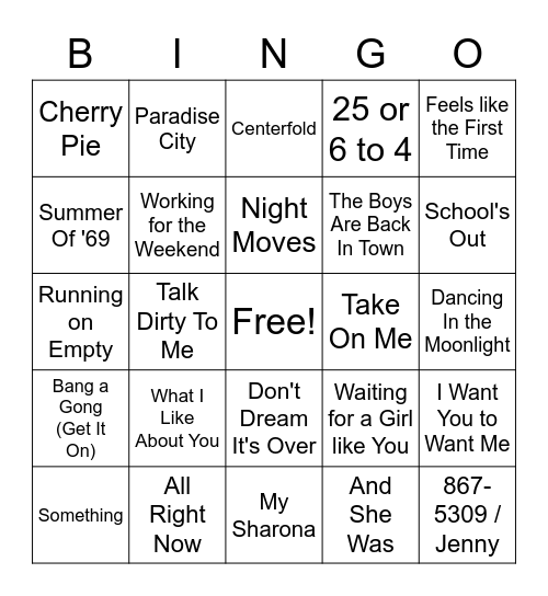 Classic Rock Bingo Card