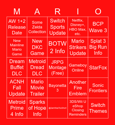 Nintendo Direct  9/13/22 Predictions Bingo Card
