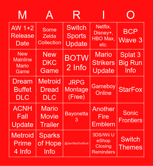 Nintendo Direct  9/13/22 Predictions Bingo Card