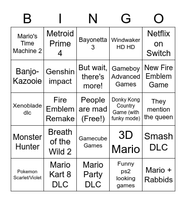 Nintendo Direct Bingo Card