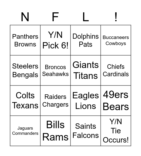 Week 1 Matchups Bingo Card