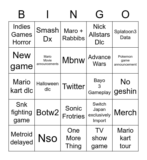 Nintedo direct bingo Card