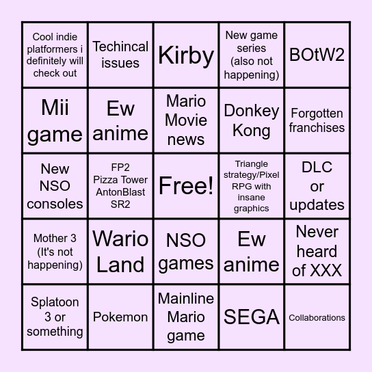 NINTENDO DIRECT 13.09.2022 Bingo Card