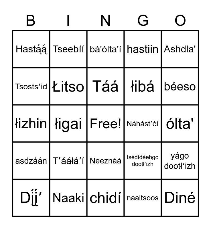 Navajo Bingo Card
