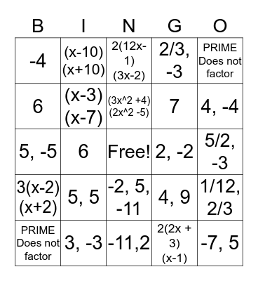 Algebra II Tic Tac Toe Factoring and Solving Bingo Card