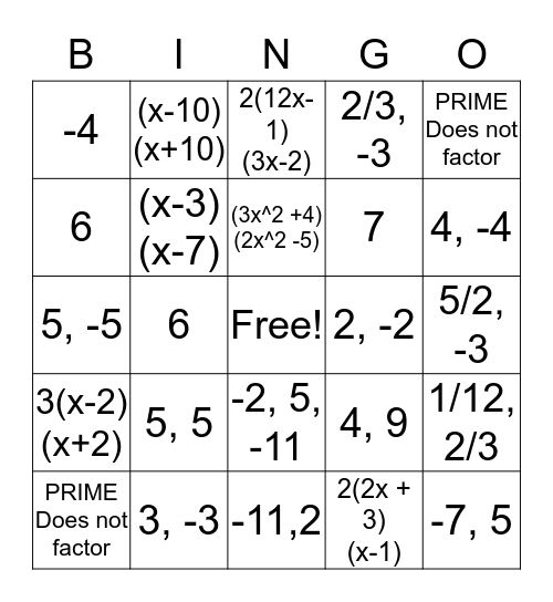 Algebra II Tic Tac Toe Factoring and Solving Bingo Card