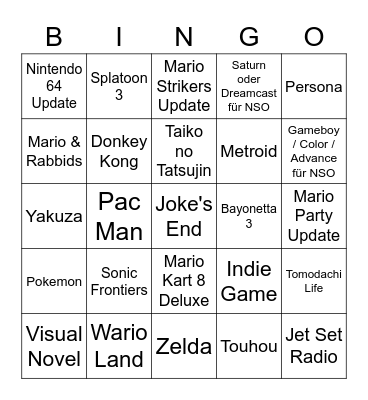 Nintendo Direct Bingo Card