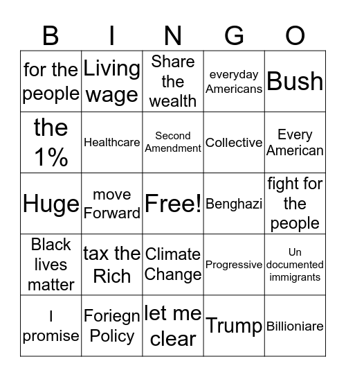 Democrat Debate Bingo Card