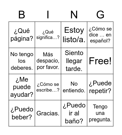 Frases en la clase de español Bingo Card