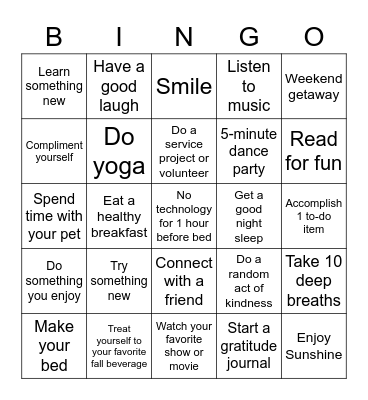 Self-Care Bingo Card