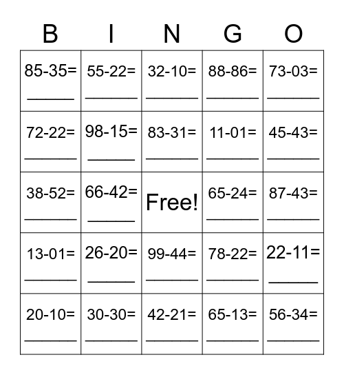 Subtraction 2 digits No Regrouping Bingo Card