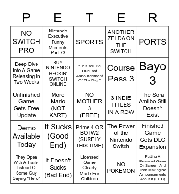 Nintendo Announced WHAT?!?!?!?!? Bingo Card