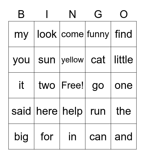 Pre-Primer Bingo Card
