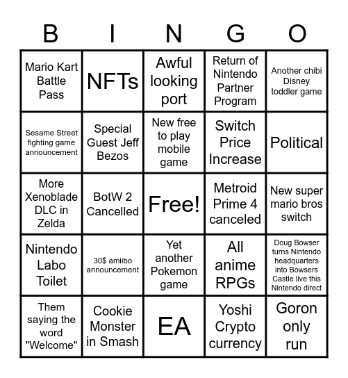 Nintendo Direct Bingo Card