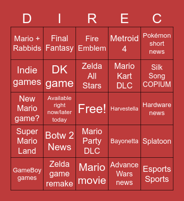 Sep 2022 Nintendo Direct Bingo Card