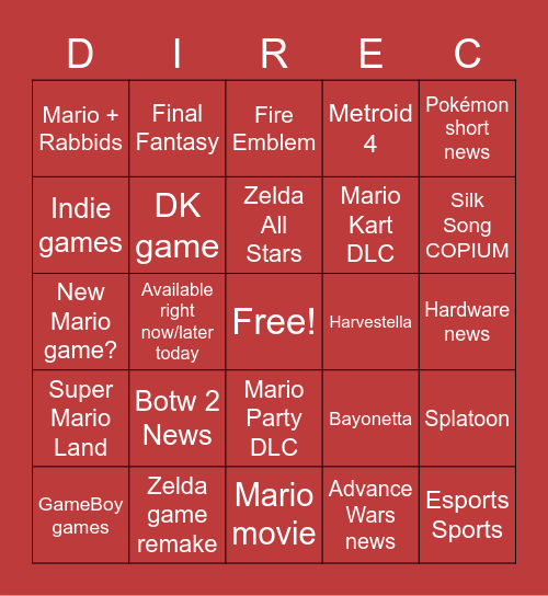 Sep 2022 Nintendo Direct Bingo Card