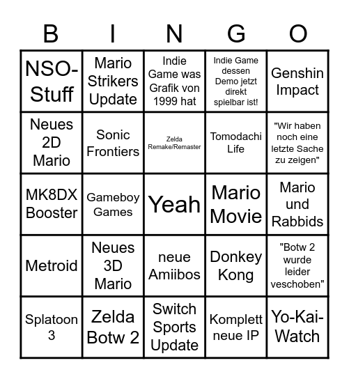 Nintendo Direct 9/13/22 Bingo Card