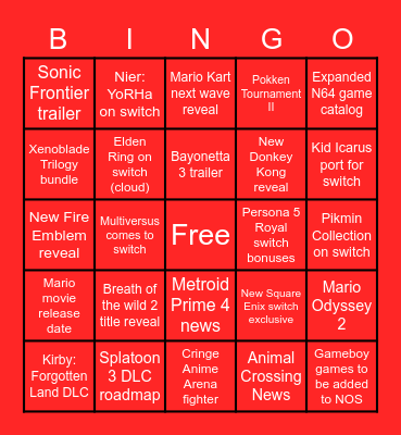 Nintendo Direct 9.13 Bingo Card